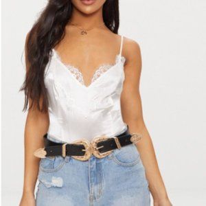 White Lace Trim Thong Bodysuit